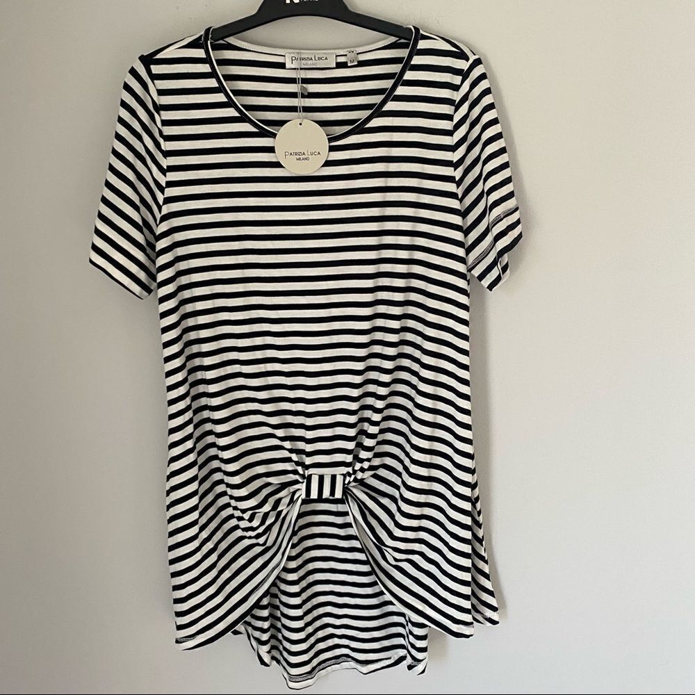 Patrizia Luca Women’s Short Sleeve Striped Round Neck Tie Front Top